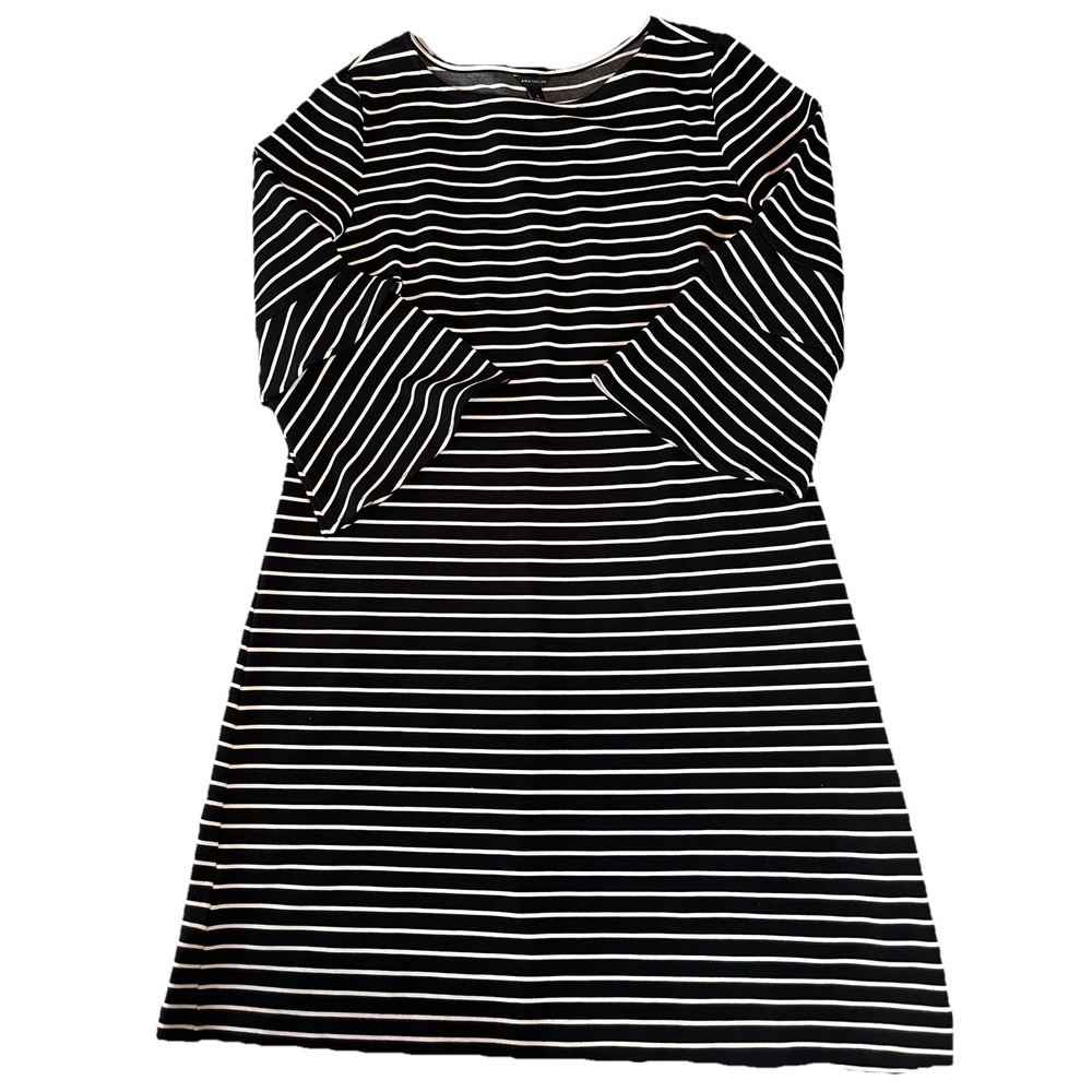 Ann Taylor Striped Shift Dress 8 3/4 Bell Sleeves Stretch Black White